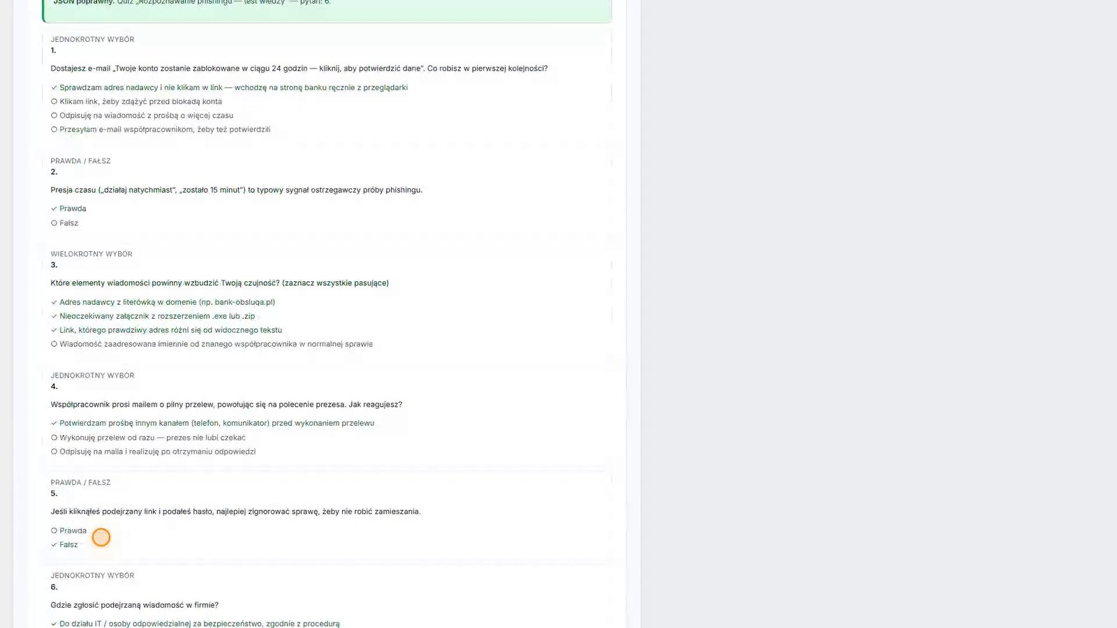 Podgląd quizu z zaznaczonymi poprawnymi odpowiedziami w Kreatorze kursów AI