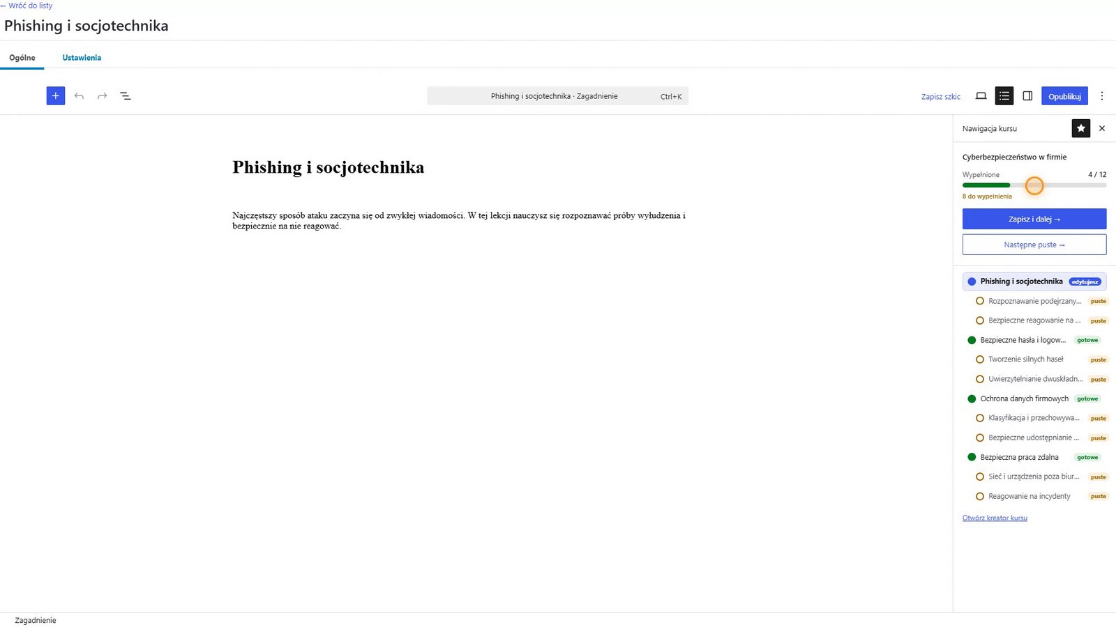Panel Nawigatora kroków w edytorze lekcji - pasek postępu i status każdego elementu kursu